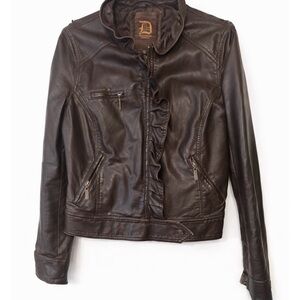 Vintage Dollhouse Dark Brown vegan Leather Jacket with Ruffle Detail